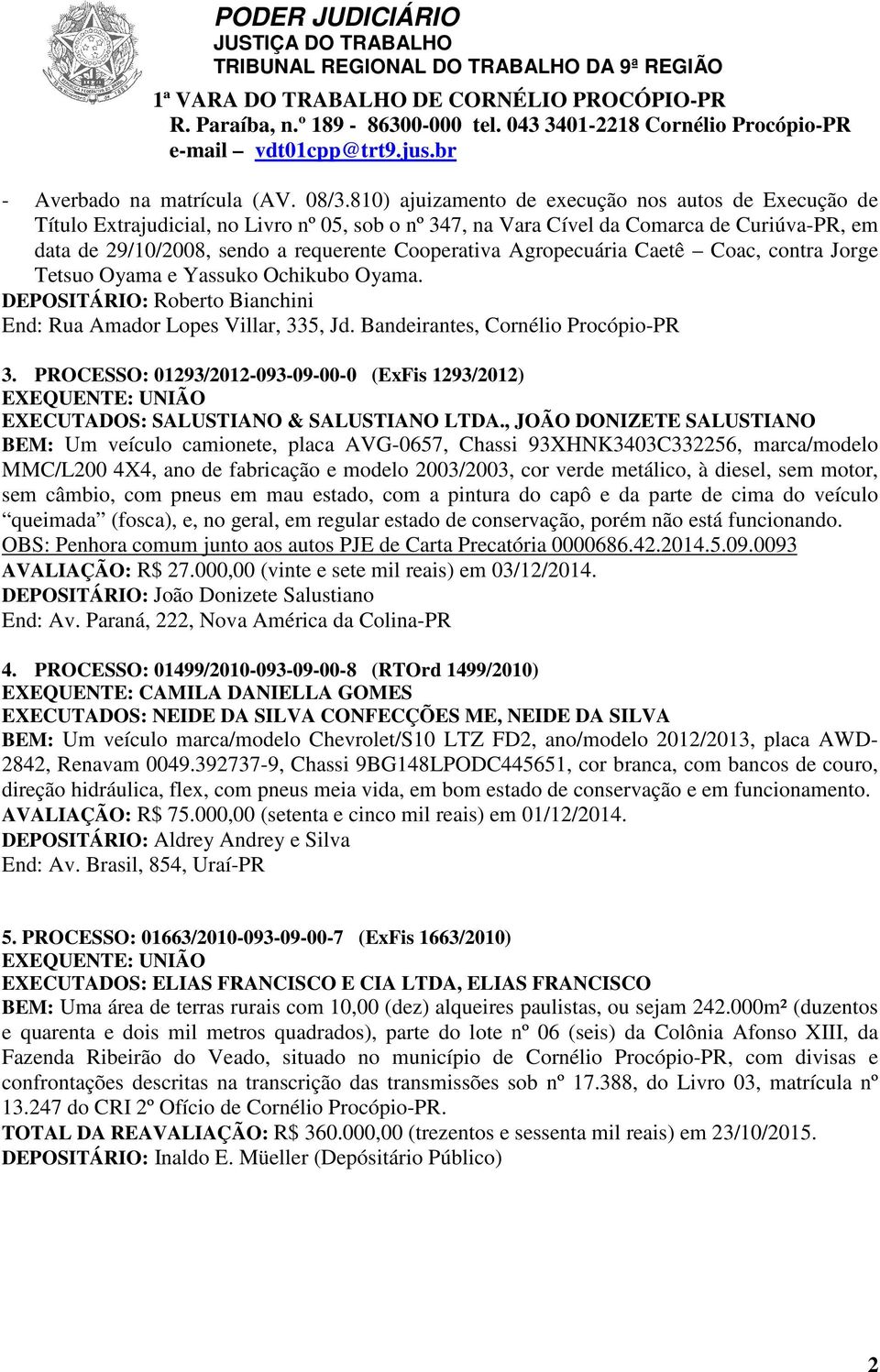 Agropecuária Caetê Coac, contra Jorge Tetsuo Oyama e Yassuko Ochikubo Oyama. DEPOSITÁRIO: Roberto Bianchini End: Rua Amador Lopes Villar, 335, Jd. Bandeirantes, Cornélio Procópio-PR 3.