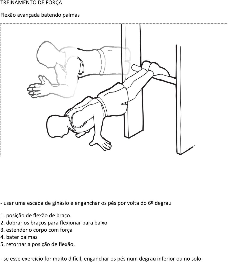 dobrar os braços para flexionar para baixo 3. estender o corpo com força 4. bater palmas 5.