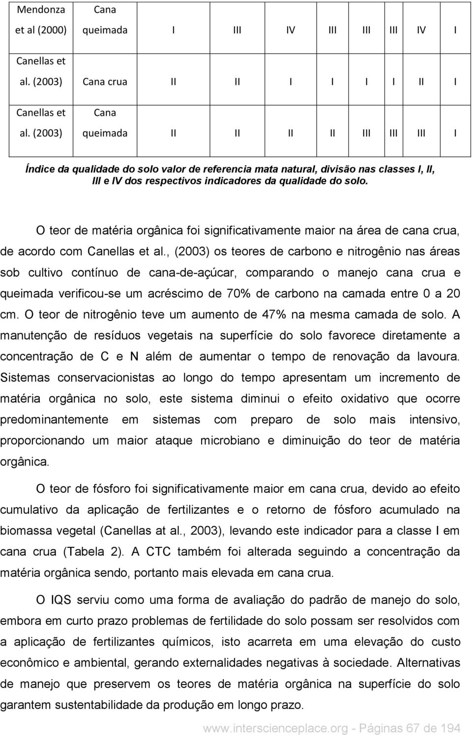 O teor de matéria orgânica foi significativamente maior na área de cana crua, de acordo com Canellas et al.