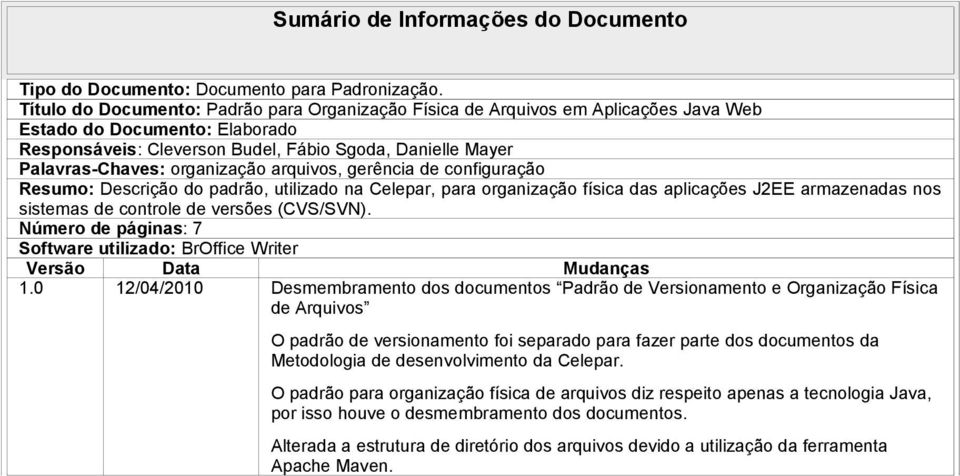 organização arquivos, gerência de configuração Resumo: Descrição do padrão, utilizado na Celepar, para organização física das aplicações J2EE armazenadas nos sistemas de controle de versões (CVS/SVN).