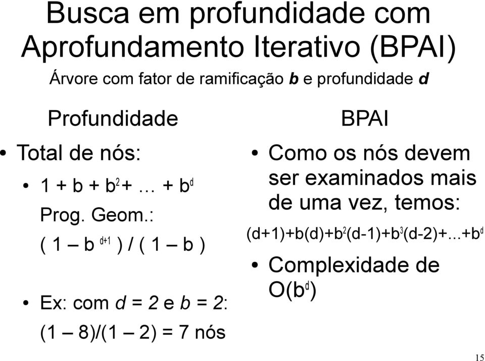 : ( 1 b d+1 ) / ( 1 b ) Ex: com d = 2 e b = 2: (1 8)/(1 2) = 7 nós BPAI Como os nós devem