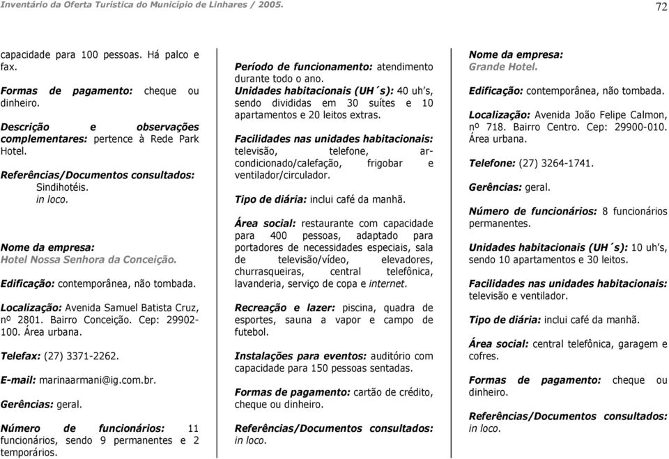 E-mail: marinaarmani@ig.com.br. Número de funcionários: 11 funcionários, sendo 9 permanentes e 2 temporários. Período de funcionamento: atendimento durante todo o ano.