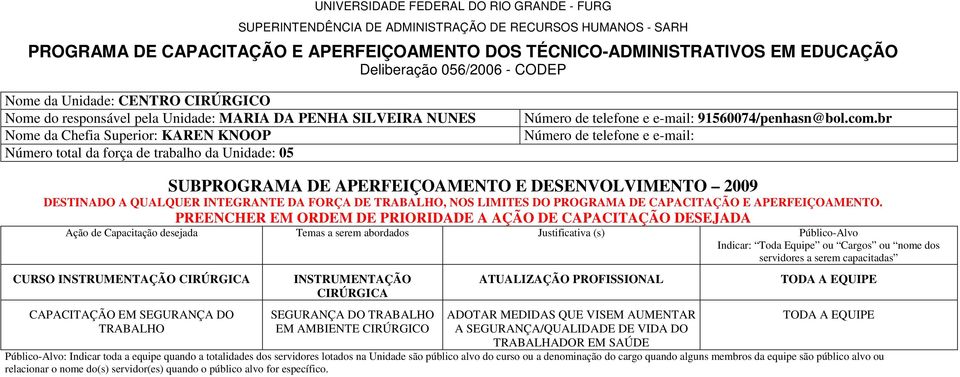 br Número de telefone e e-mail: DESTINADO A QUALQUER INTEGRANTE DA FORÇA DE TRABALHO, NOS LIMITES DO PROGRAMA DE CAPACITAÇÃO E APERFEIÇOAMENTO.