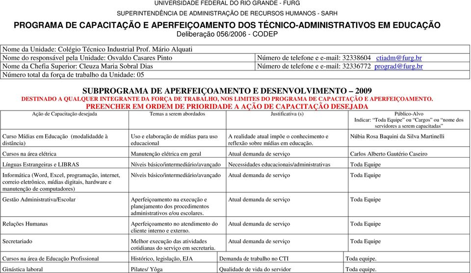 32338604 ctiadm@furg.br Número de telefone e e-mail: 32336772 prograd@furg.br DESTINADO A QUALQUER INTEGRANTE DA FORÇA DE TRABALHO, NOS LIMITES DO PROGRAMA DE CAPACITAÇÃO E APERFEIÇOAMENTO.