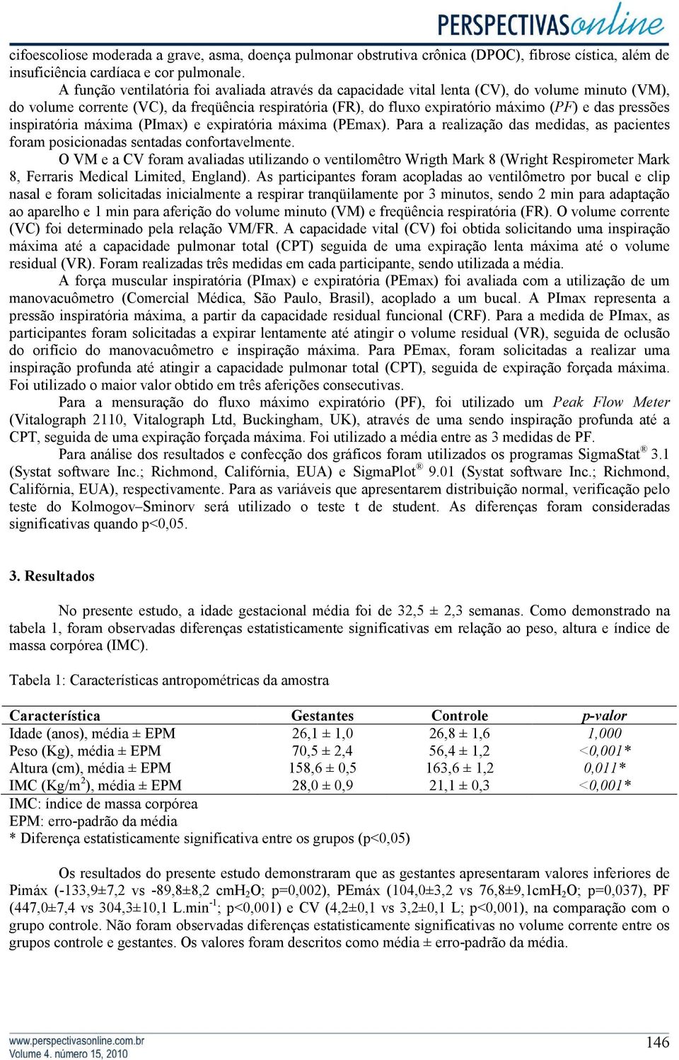 pressões inspiratória máxima (PImax) e expiratória máxima (PEmax). Para a realização das medidas, as pacientes foram posicionadas sentadas confortavelmente.