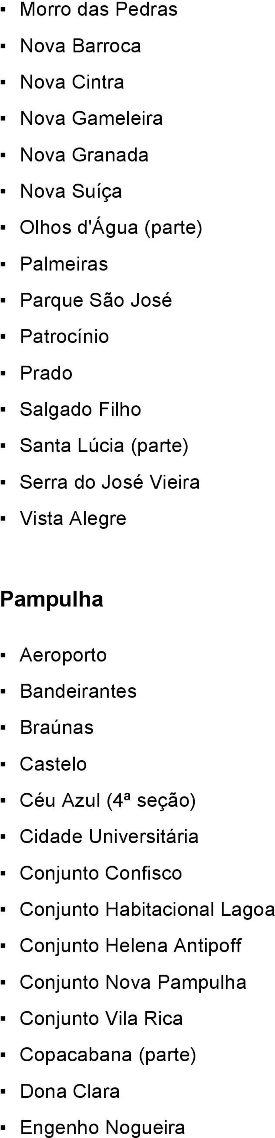 Aeroporto Bandeirantes Braúnas Castelo Céu Azul (4ª seção) Cidade Universitária Conjunto Confisco Conjunto