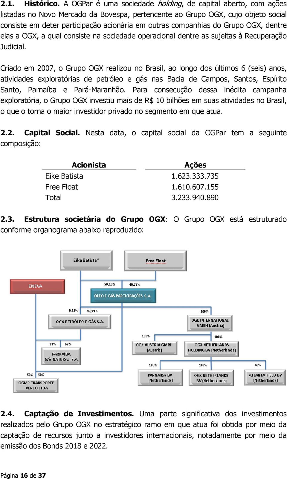 companhias do Grupo OGX, dentre elas a OGX, a qual consiste na sociedade operacional dentre as sujeitas à Recuperação Judicial.