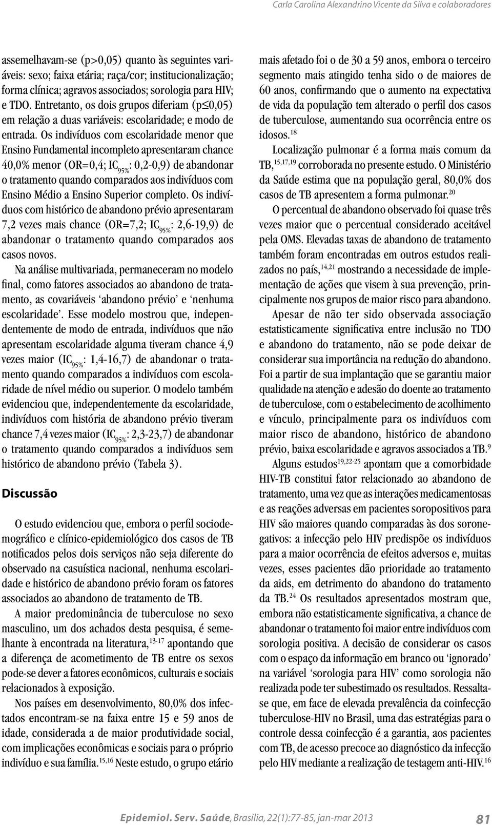 Os indivíduos com escolaridade menor que Ensino Fundamental incompleto apresentaram chance 40,0% menor (OR=0,4; IC 95% : 0,2-0,9) de abandonar o tratamento quando comparados aos indivíduos com Ensino