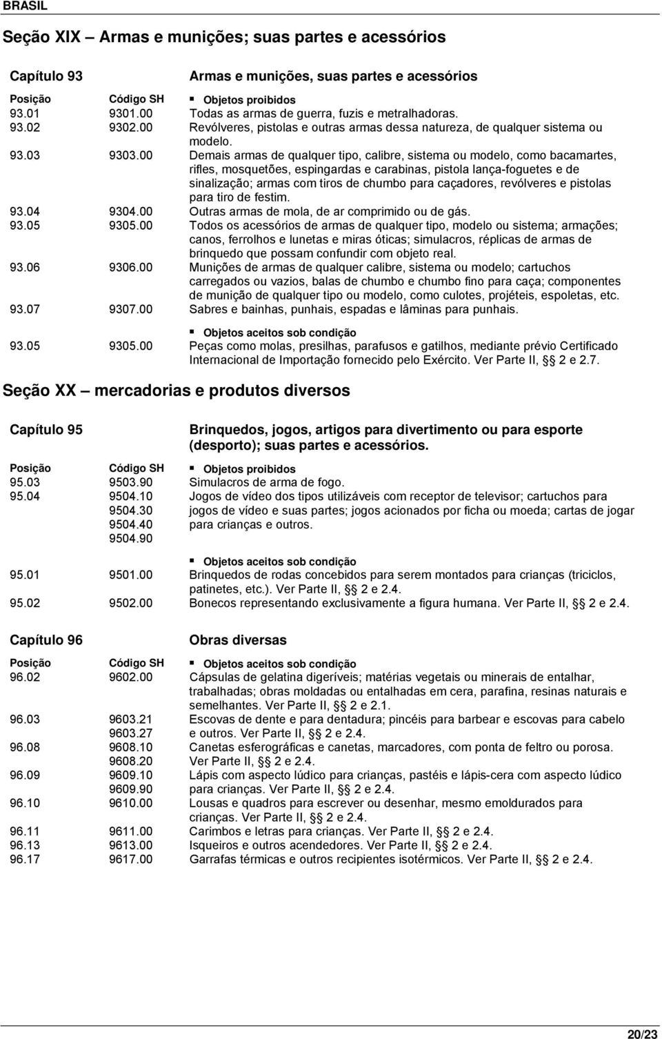 00 Demais armas de qualquer tipo, calibre, sistema ou modelo, como bacamartes, rifles, mosquetões, espingardas e carabinas, pistola lança-foguetes e de sinalização; armas com tiros de chumbo para