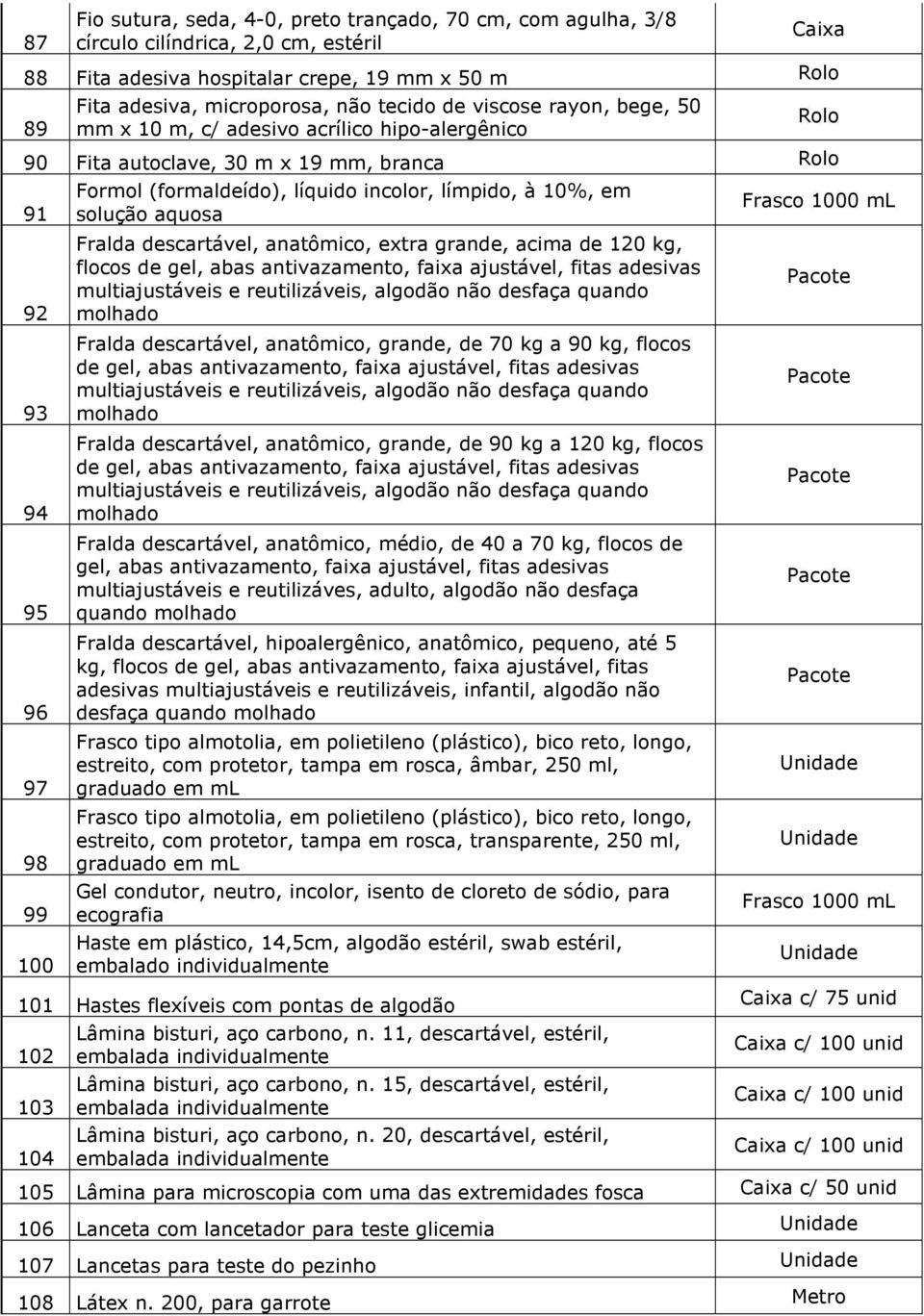 à 10%, em solução aquosa Fralda descartável, anatômico, extra grande, acima de 120 kg, flocos de gel, abas antivazamento, faixa ajustável, fitas adesivas multiajustáveis e reutilizáveis, algodão não