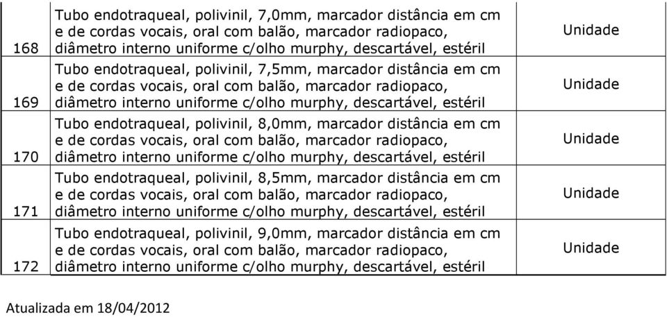 8,0mm, marcador distância em cm Tubo endotraqueal, polivinil, 8,5mm, marcador distância