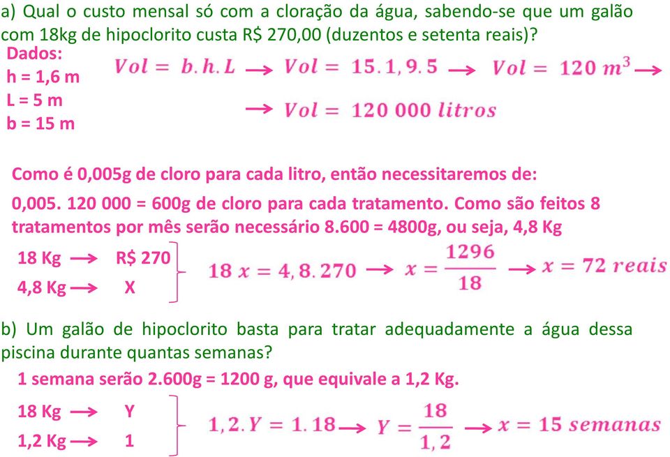 120 000 = 600g de cloro para cada tratamento. Como são feitos 8 tratamentos por mês serão necessário 8.