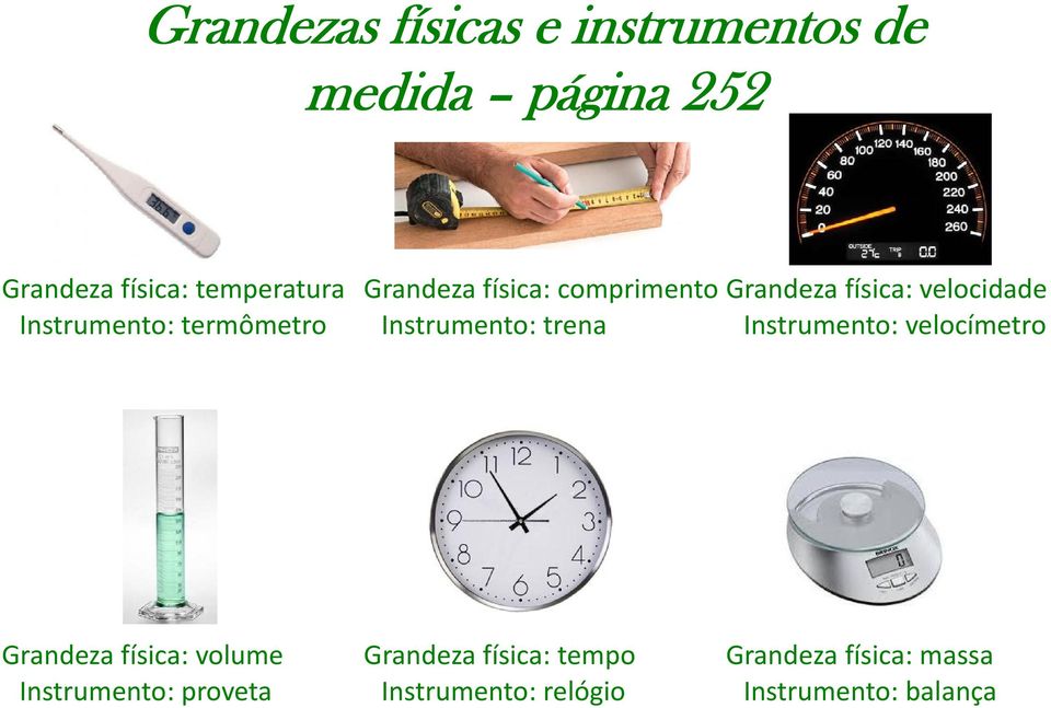 física: velocidade Instrumento: velocímetro Grandeza física: volume Instrumento: