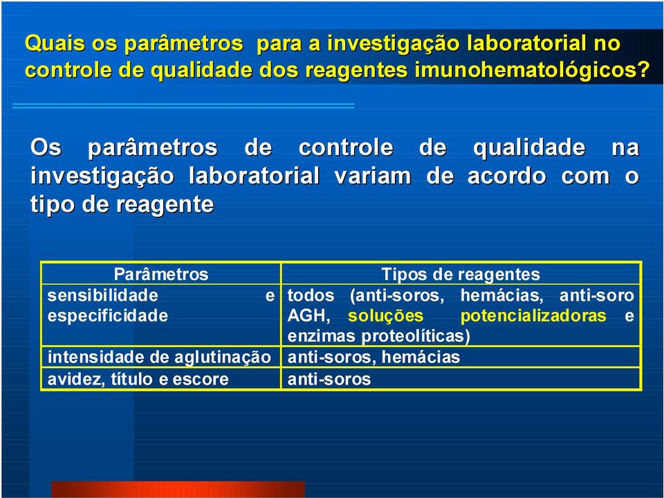 Parâmetros sensibilidade e especificidade intensidade de aglutinação avidez, título e escore Tipos de reagentes