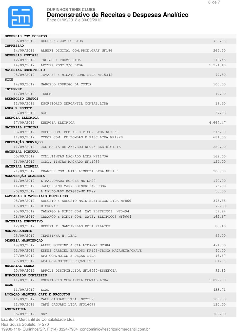 LTDA NF15342 79,50 SITE 14/09/2012 MARCELO RODRIGO DA COSTA 100,00 INTERNET 11/09/2012 TDKOM 19,90 REEMBOLSO CUSTOS 11/09/2012 ESCRITORIO MERCANTIL CONTAB.