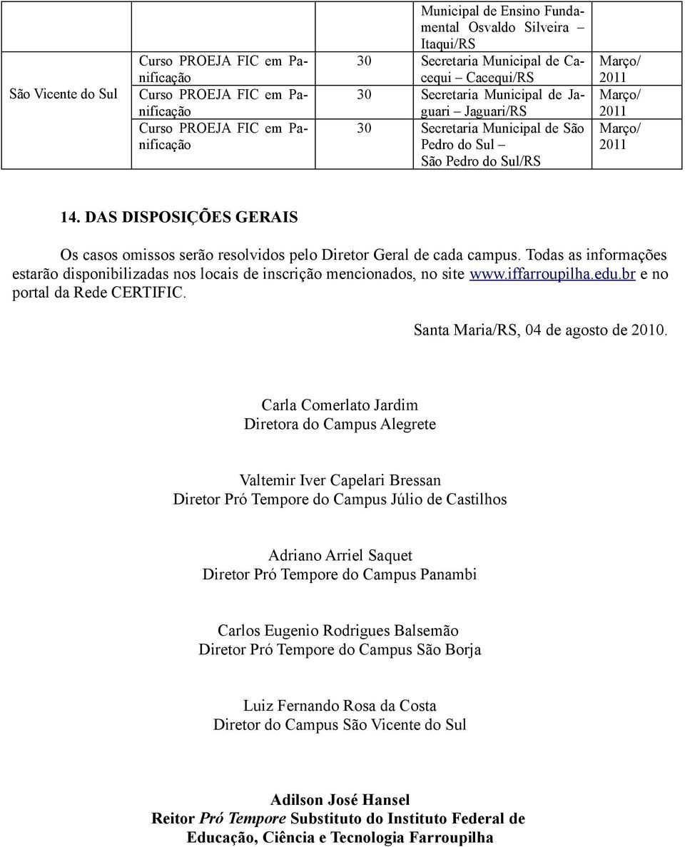 DAS DISPOSIÇÕES GERAIS Os casos omissos serão resolvidos pelo Diretor Geral de cada campus. Todas as informações estarão disponibilizadas nos locais de inscrição mencionados, no site www.