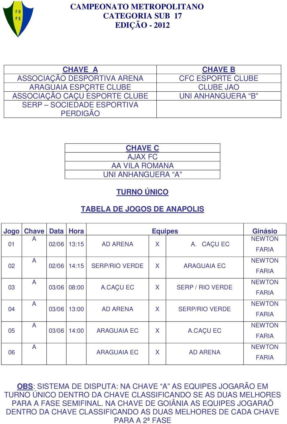 CÇU EC 02 02/06 14:15 SERP/RIO VERDE X RGUI EC 03 03/06 08:00.CÇU EC X SERP / RIO VERDE 04 03/06 13:00 D REN X SERP/RIO VERDE 05 03/06 14:00 RGUI EC X.