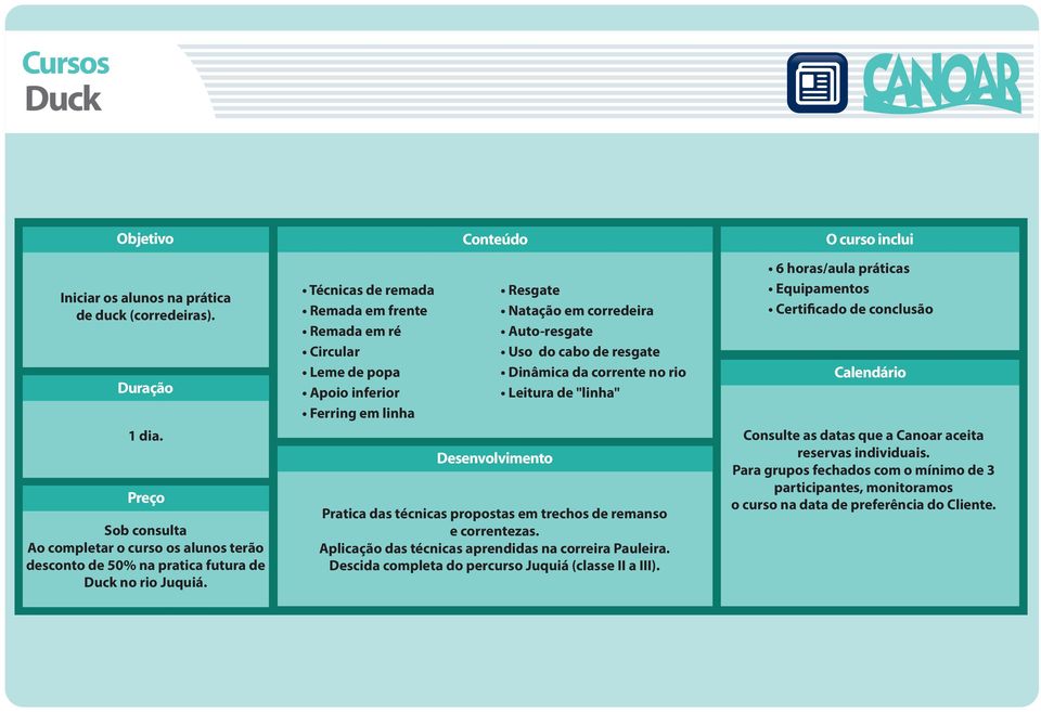 Ao completar o curso os alunos terão desconto de 50% na pratica futura de Duck no rio Juquiá. Pratica das técnicas propostas em trechos de remanso e correntezas.