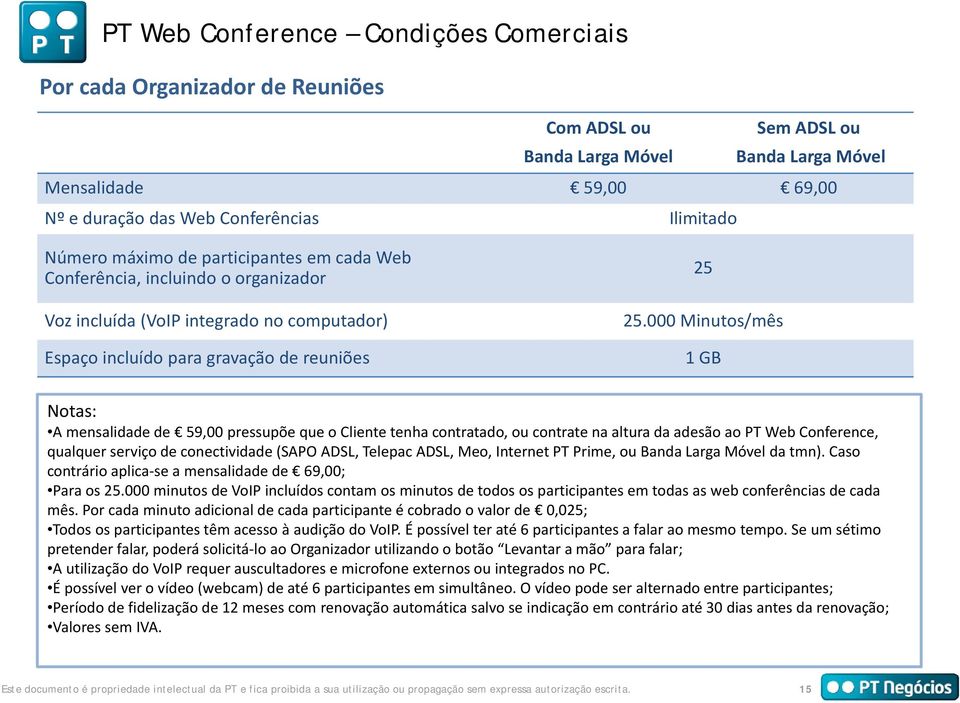 000 Minutos/mês 1 GB Notas: A mensalidade de 59,00 pressupõe que o Cliente tenha contratado, ou contrate na altura da adesão ao PT Web Conference, qualquer serviço de conectividade (SAPO ADSL,