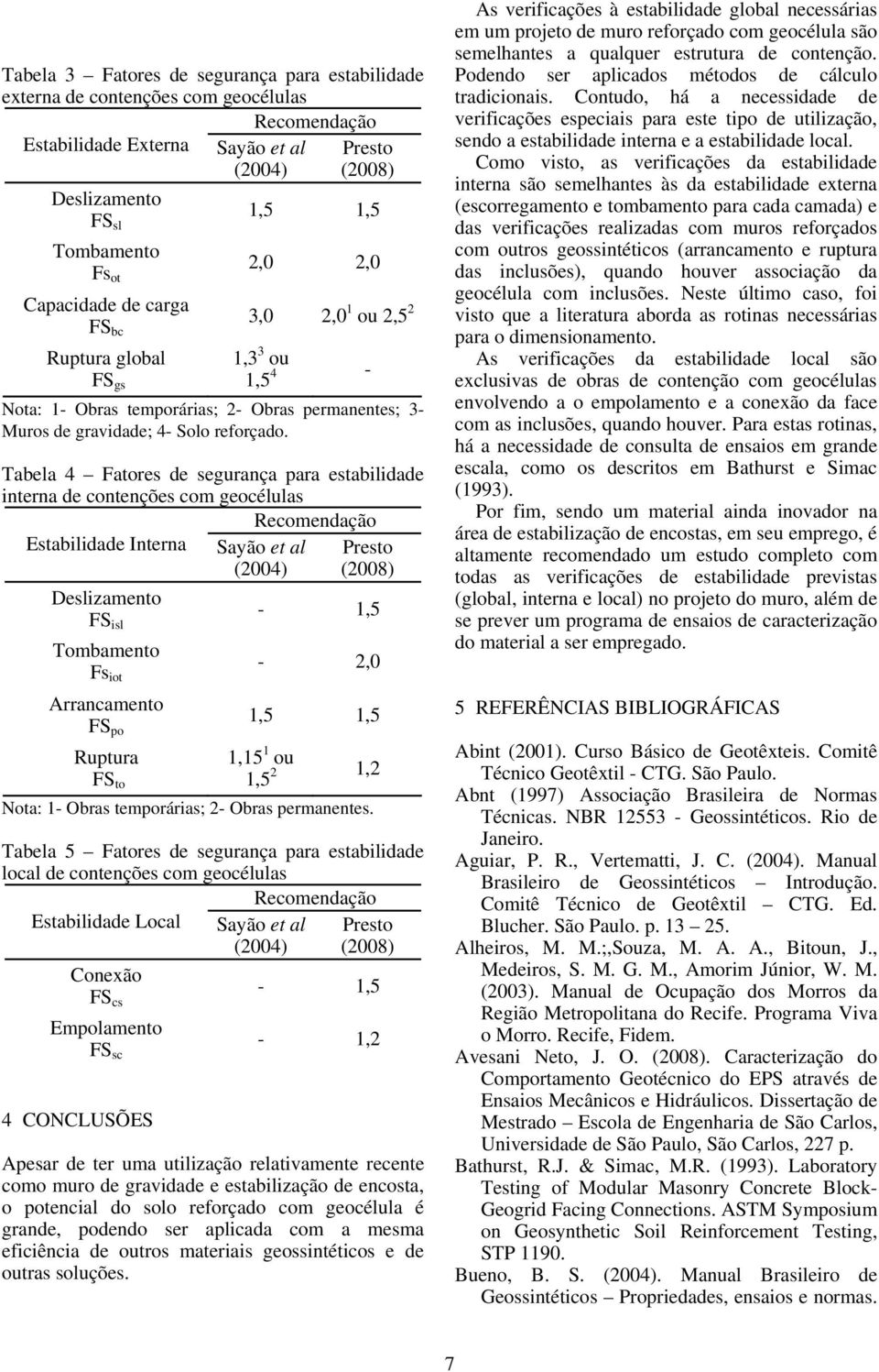 Tabela 4 Fatores de segurança para estabilidade interna de contenções com geocélulas Recomendação Estabilidade Interna Sayão et al (2004) Presto (2008) Deslizamento FS isl - 1,5 Tombamento Fs iot -