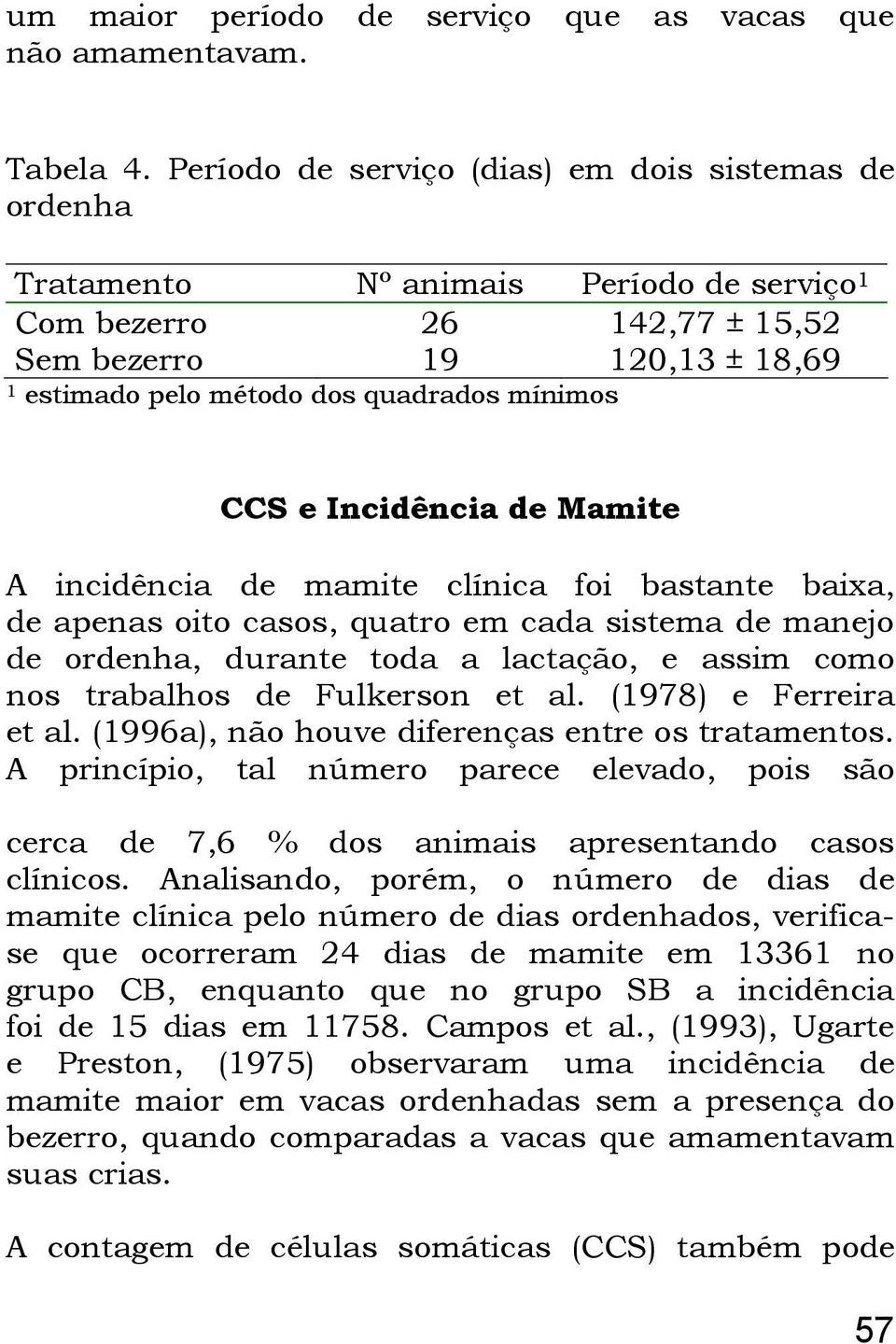 mínimos CCS e Incidência de Mamite A incidência de mamite clínica foi bastante baixa, de apenas oito casos, quatro em cada sistema de manejo de ordenha, durante toda a lactação, e assim como nos