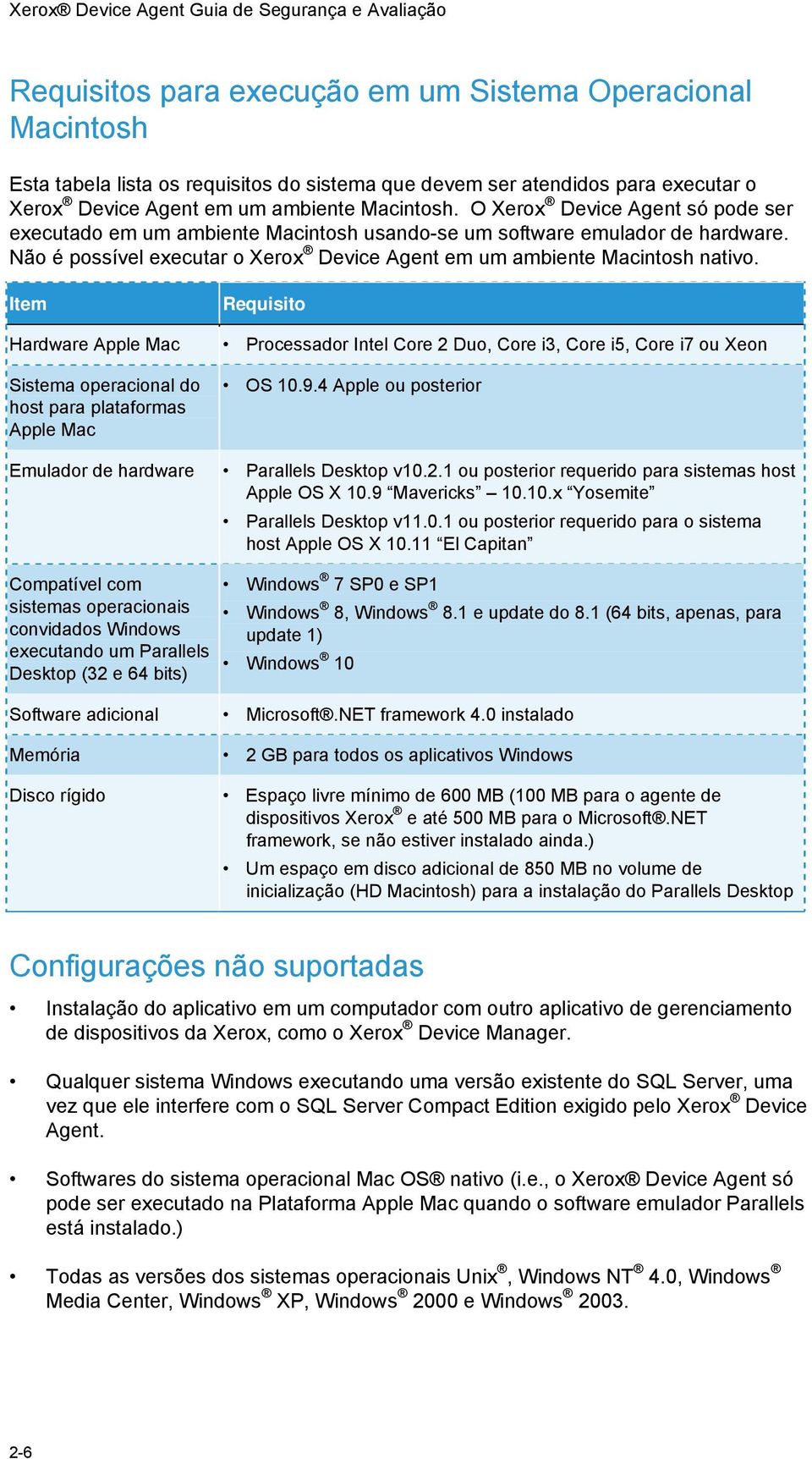 Não é possível executar o Xerox Device Agent em um ambiente Macintosh nativo.