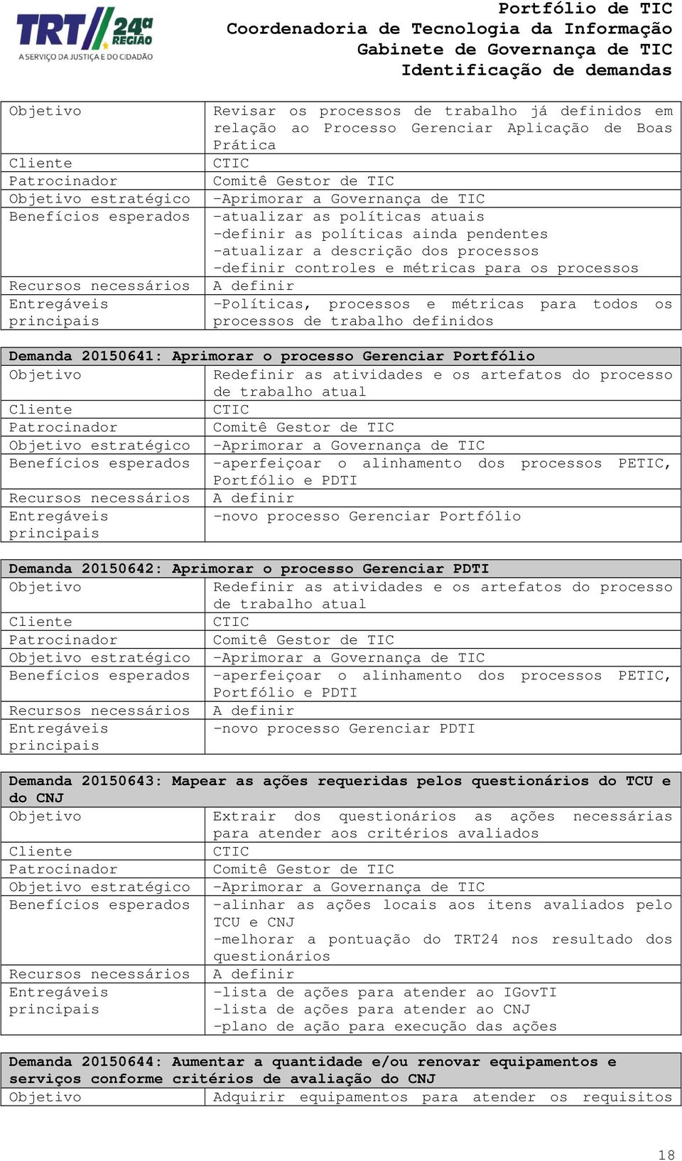 definir -Políticas, processos e métricas para todos os processos de trabalho definidos Demanda 20150641: Aprimorar o processo Gerenciar Portfólio Redefinir as atividades e os artefatos do processo de