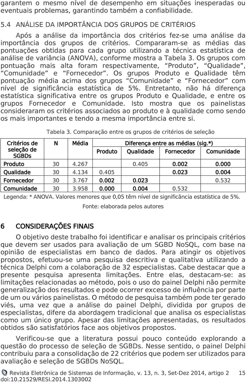 Compararam-se as médias das pontuações obtidas para cada grupo utilizando a técnica estatística de análise de variância (ANOVA), conforme mostra a Tabela 3.