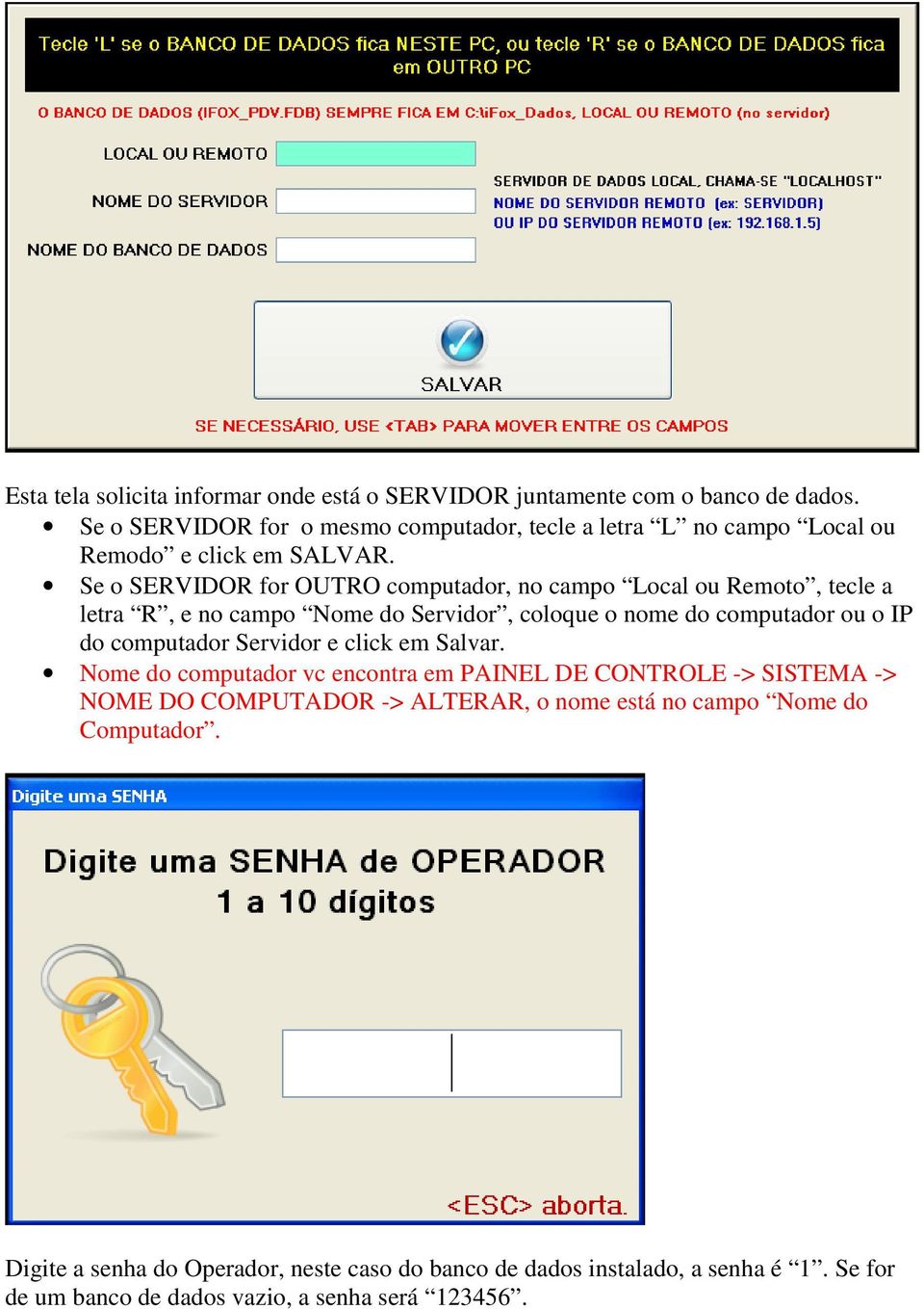 Se o SERVIDOR for OUTRO computador, no campo Local ou Remoto, tecle a letra R, e no campo Nome do Servidor, coloque o nome do computador ou o IP do computador