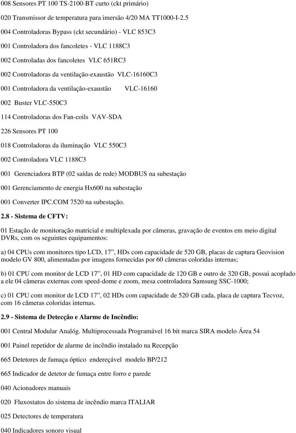 Controladora da ventilação-exaustão VLC-16160 002 Buster VLC-550C3 114 Controladoras dos Fan-coils VAV-SDA 226 Sensores PT 100 018 Controladoras da iluminação VLC 550C3 002 Controladora VLC 1188C3