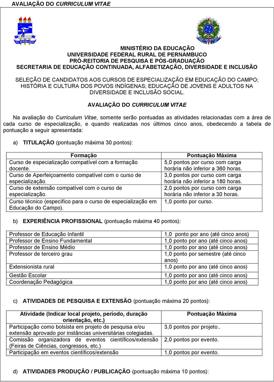 AVALIAÇÃO DO CURRICULUM VITAE Na avaliação do Curriculum Vitae, somente serão pontuadas as atividades relacionadas com a área de cada curso de especialização, e quando realizadas nos últimos cinco