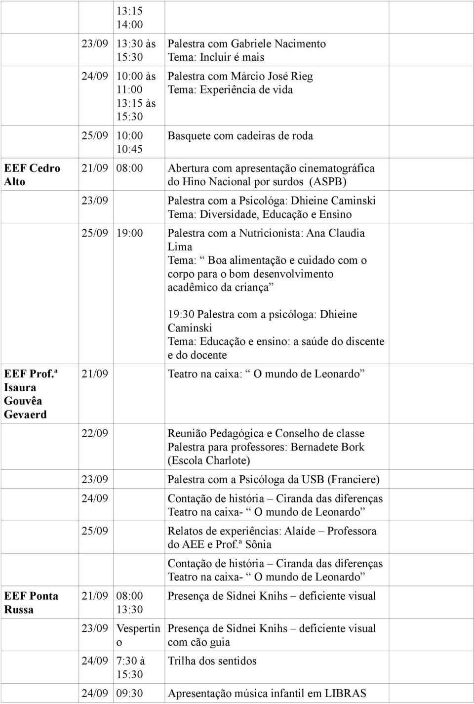 Experiência de vida Basquete cm cadeiras de rda 21/09 08:00 Abertura cm apresentaçã cinematgráfica d Hin Nacinal pr surds (ASPB) 23/09 Palestra cm a Psiclóga: Dhieine Caminski Tema: Diversidade,