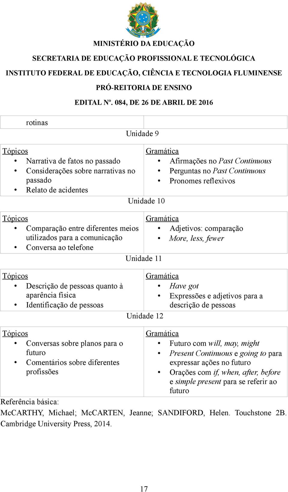 Continuous Pronomes reflexivos Unidade 10 Unidade 11 Adjetivos: comparação More, less, fewer Have got Expressões e adjetivos para a descrição de pessoas Unidade 12 Futuro com will, may, might Present