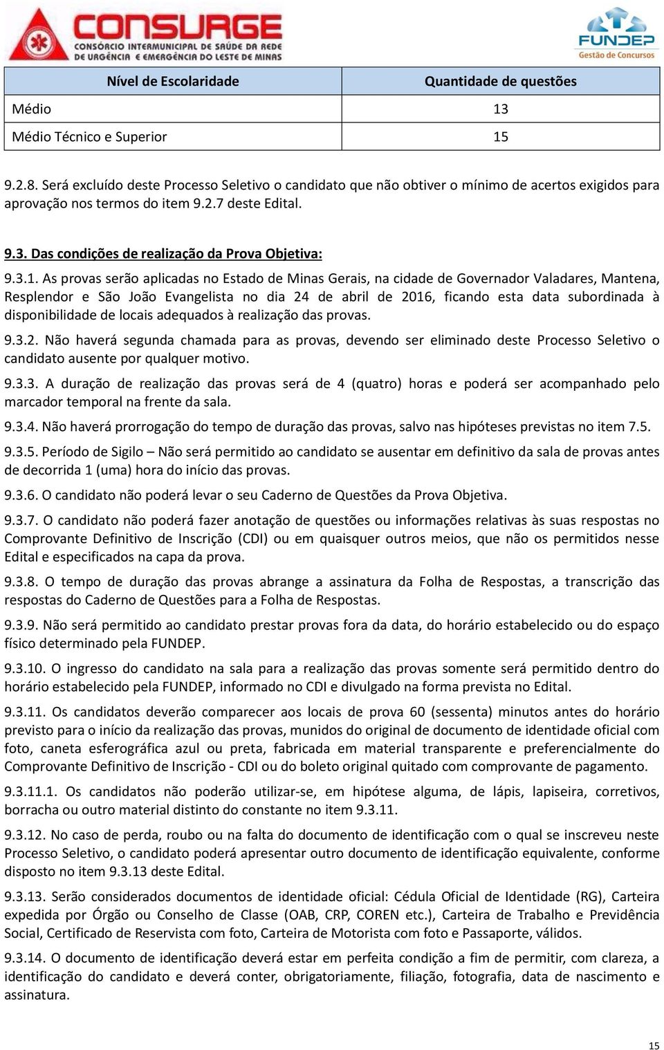 Das condições de realização da Prova Objetiva: 9.3.1.