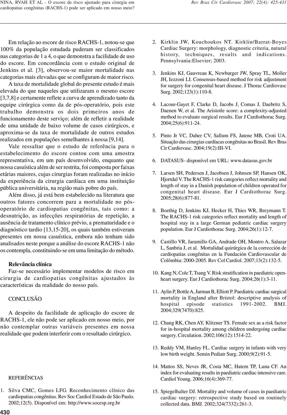 A taxa de mortalidade global do presente estudo é mais elevada do que naqueles que utilizaram o mesmo escore [3,7,8] e certamente reflete a curva de aprendizado tanto da equipe cirúrgica como da de