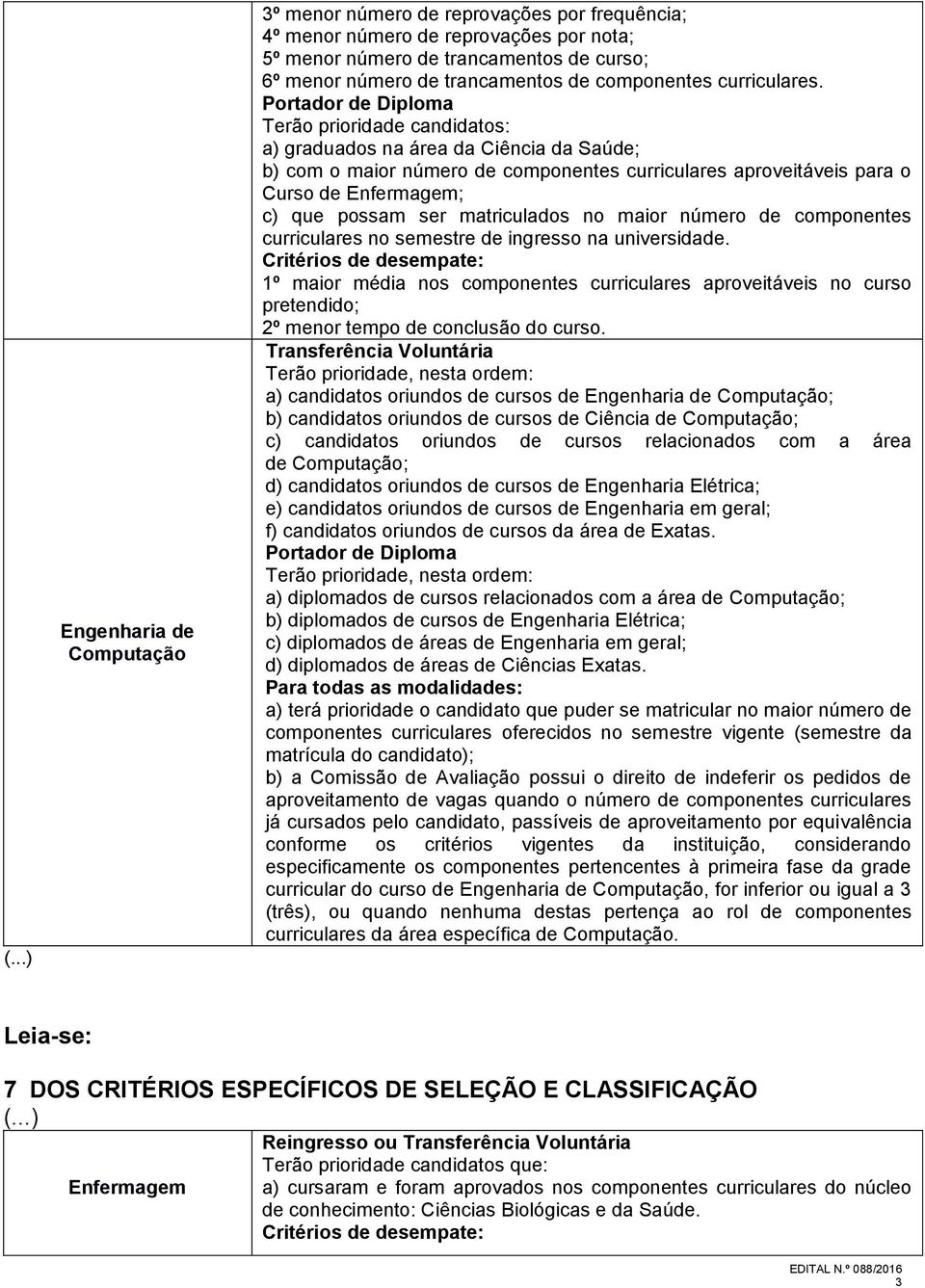 Terão prioridade candidatos: a) graduados na área da Ciência da Saúde; b) com o maior número de componentes curriculares aproveitáveis para o Curso de Enfermagem; c) que possam ser matriculados no