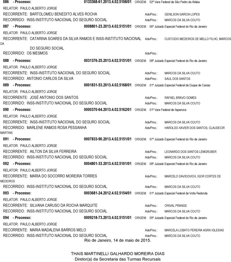 : DA DO SEGURO SOCIAL RECORRIDO: OS MESMOS Adv/Proc.: CUSTODIO MEDEIROS DE MELLO FILHO, MARCOS 088 - Processo: 0031376-25.2013.4.02.