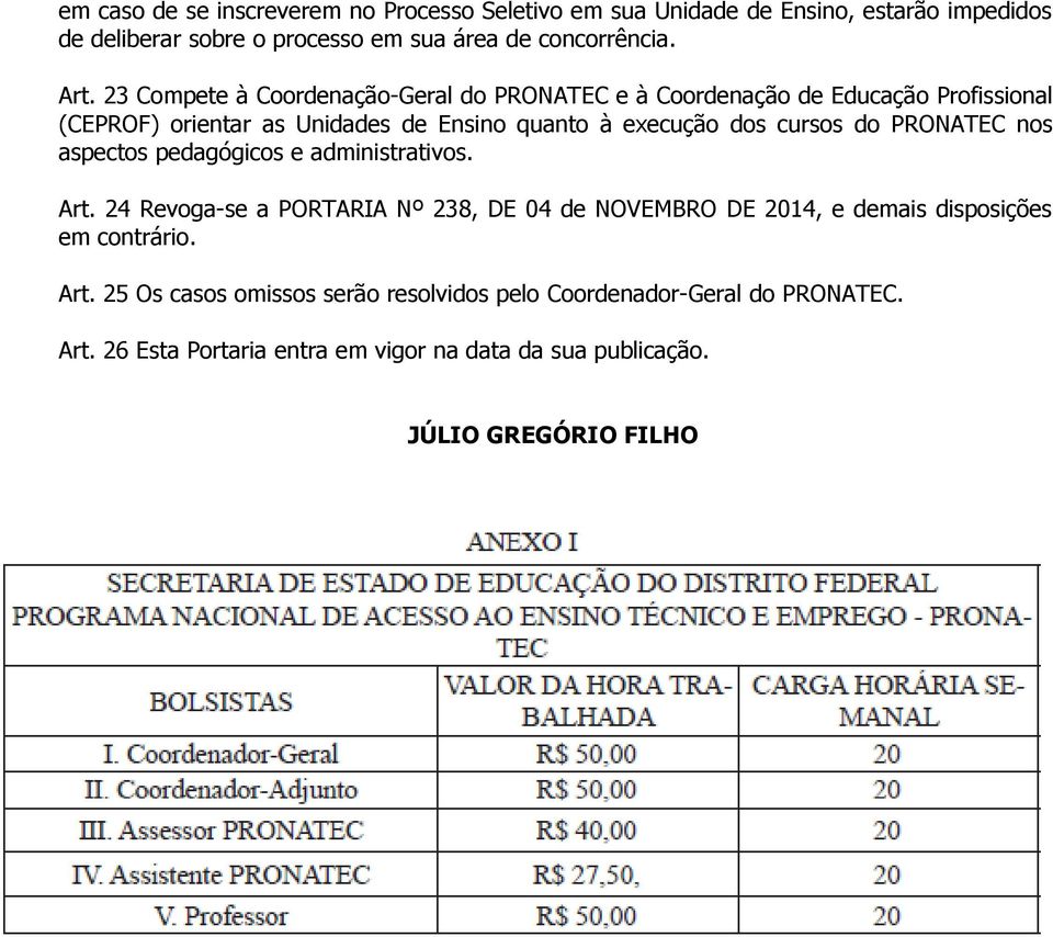 PRONATEC nos aspectos pedagógicos e administrativos. Art. 24 Revoga-se a PORTARIA Nº 238, DE 04 de NOVEMBRO DE 2014, e demais disposições em contrário. Art. 25 Os casos omissos serão resolvidos pelo Coordenador-Geral do PRONATEC.