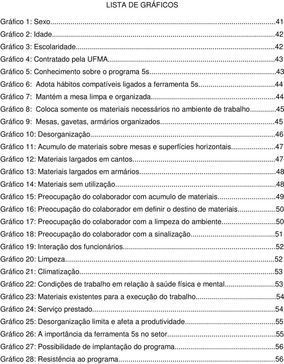 ..45 Gráfico 9: Mesas, gavetas, armários organizados...45 Gráfico 10: Desorganização...46 Gráfico 11: Acumulo de materiais sobre mesas e superfícies horizontais.