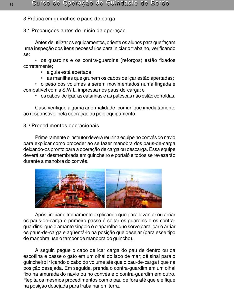 os contra-guardins (reforços) estão fixados corretamente; a guia está apertada; as manilhas que grunem os cabos de içar estão apertadas; o peso dos volumes a serem movimentados numa lingada é