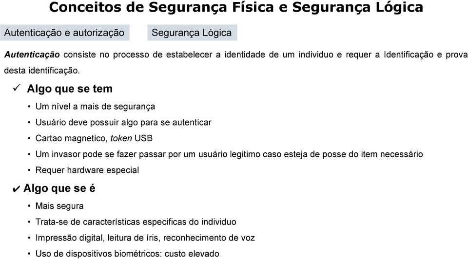 Algo que se tem Um nível a mais de segurança Usuário deve possuir algo para se autenticar Cartao magnetico, token USB Um invasor pode se fazer