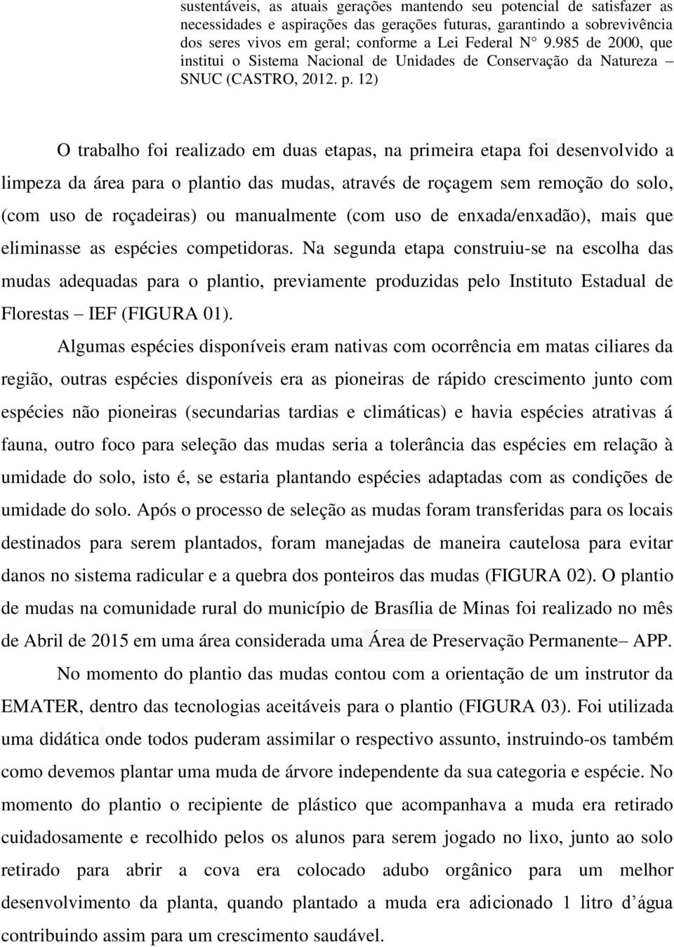 12) O trabalho foi realizado em duas etapas, na primeira etapa foi desenvolvido a limpeza da área para o plantio das mudas, através de roçagem sem remoção do solo, (com uso de roçadeiras) ou