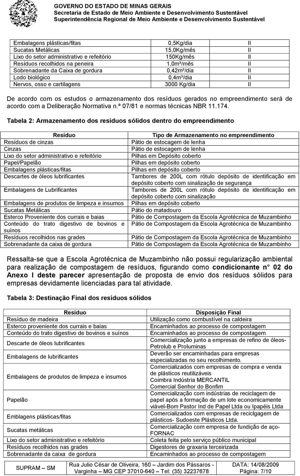 Deliberação Normativa n.º 07/81 e normas técnicas NBR 11.174.