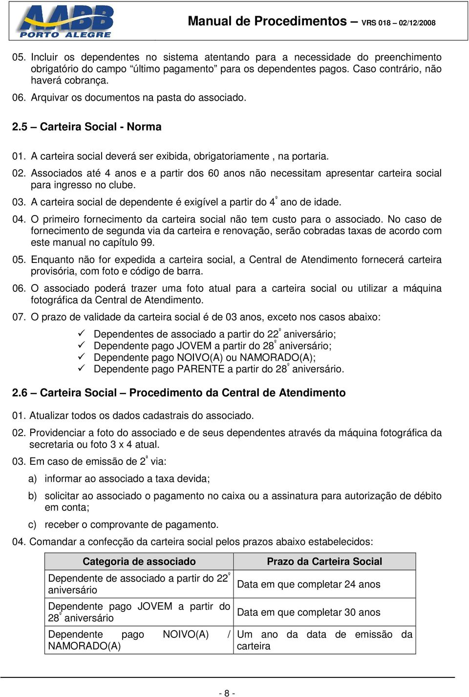 Associados até 4 anos e a partir dos 60 anos não necessitam apresentar carteira social para ingresso no clube. 03. A carteira social de dependente é exigível a partir do 4 º ano de idade. 04.