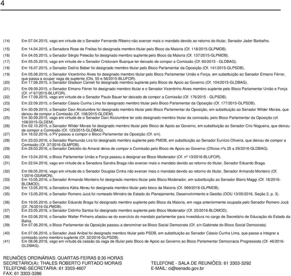 60/2015 - GLDBAG). (18) Em 16.07.2015, o Senador Dalírio Beber foi designado membro titular pelo Bloco Parlamentar da Oposição (Of. 141/2015-GLPSDB). (19) Em 05.08.