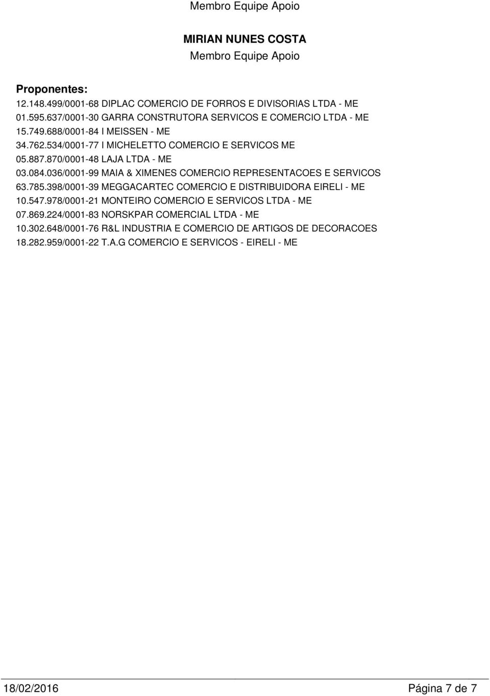 036/0001-99 MAIA & XINES CORCIO REPRESENTACOES E 63.785.398/0001-39 GGACARTEC CORCIO E DISTRIBUIDORA EIRELI - 10.547.