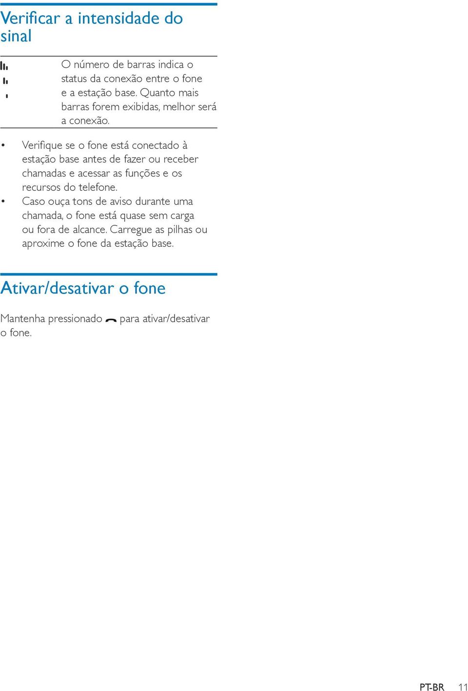 Verifique se o fone está conectado à estação base antes de fazer ou receber chamadas e acessar as funções e os recursos do telefone.