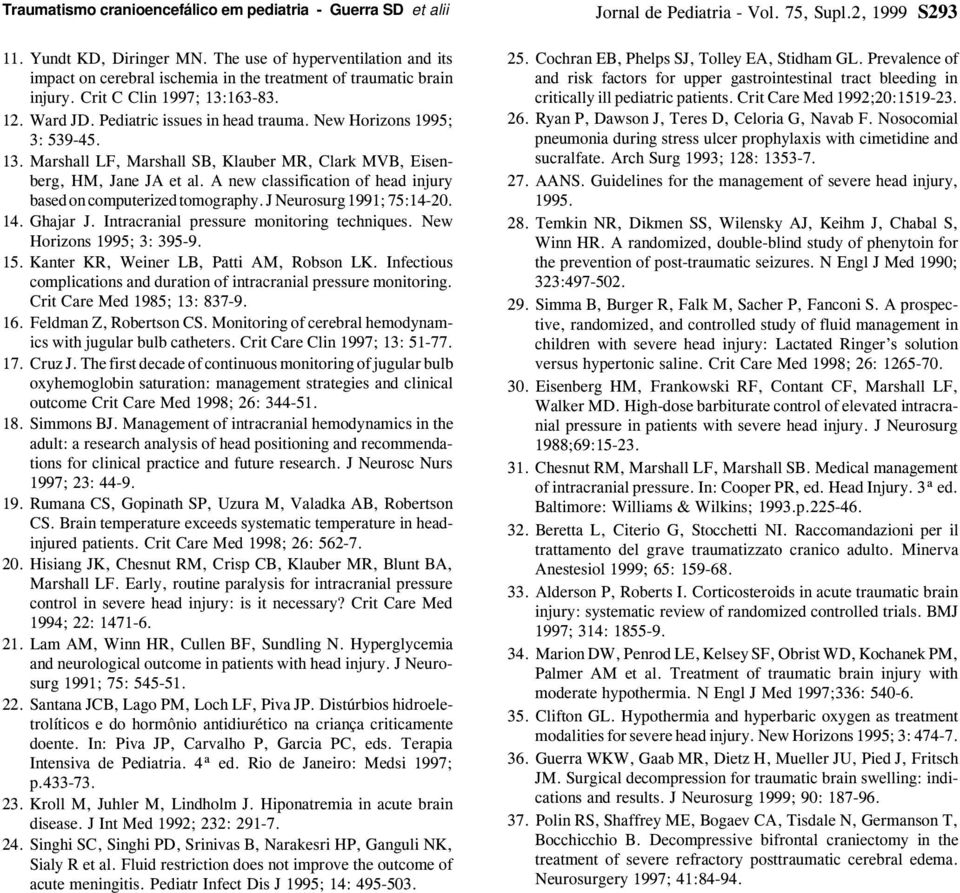 A new classification of head injury based on computerized tomography. J Neurosurg 1991; 75:14-20. 14. Ghajar J. Intracranial pressure monitoring techniques. New Horizons 1995; 3: 395-9. 15.