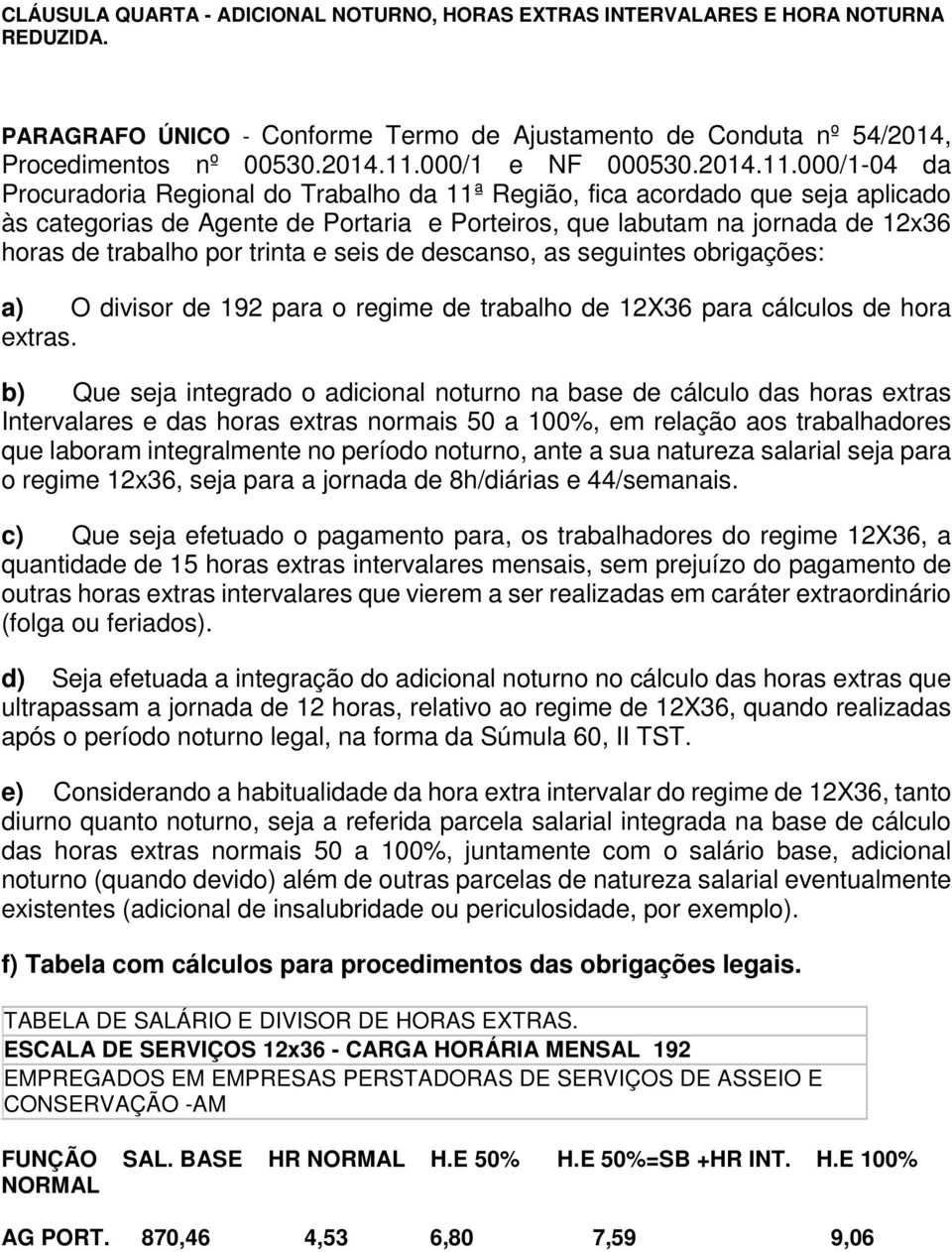 000/1-04 da Procuradoria Regional do Trabalho da 11ª Região, fica acordado que seja aplicado às categorias de Agente de Portaria e Porteiros, que labutam na jornada de 12x36 horas de trabalho por