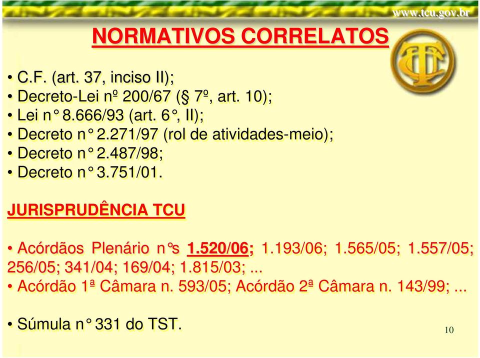JURISPRUDÊNCIA TCU www.tcu.gov.br Acórdãos Plenário n s n 1.520/06; 1.193/06; 1.565/05; 1.
